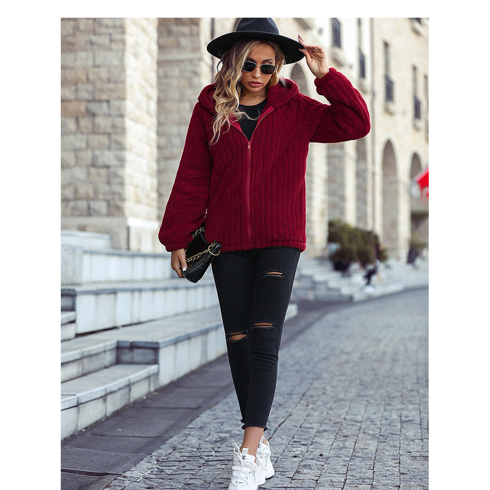 Autumn winter women's wear hooded long sleeve loose sunken stripe zipper double-sided velvet casual jacket