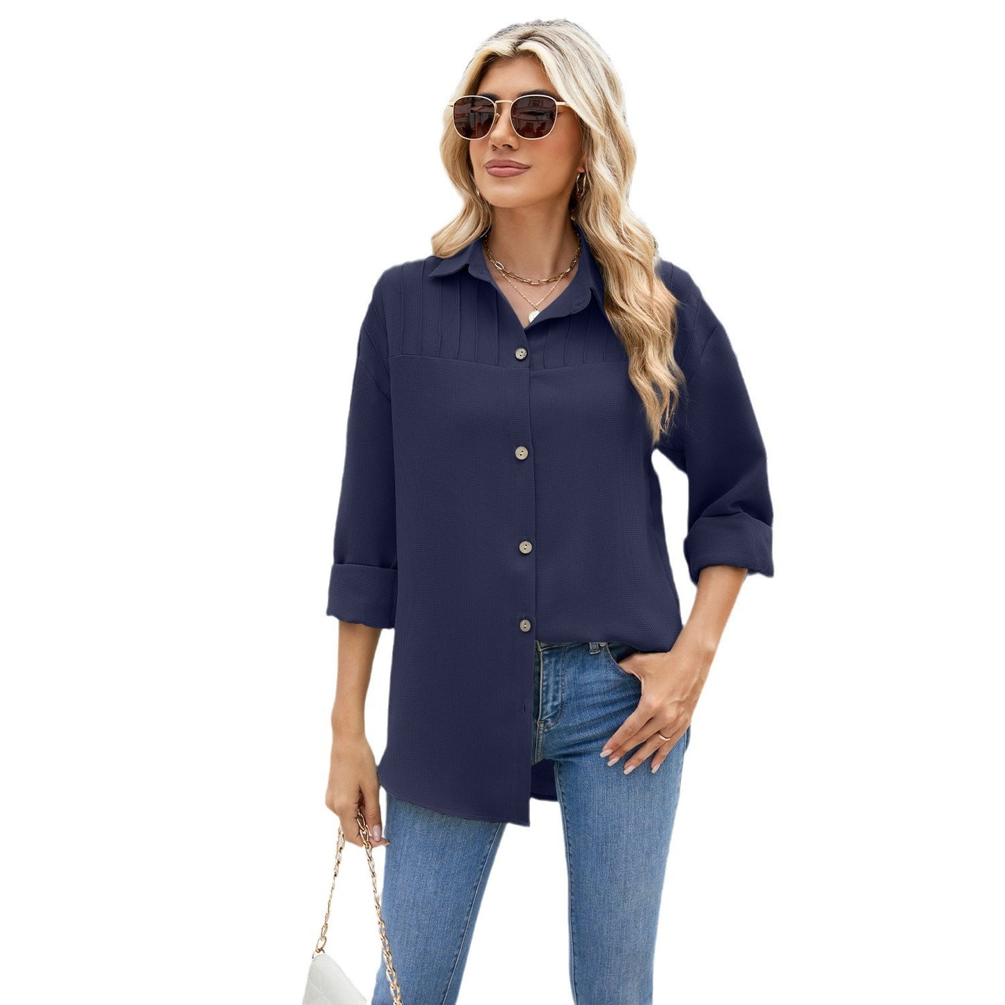 Women's autumn and winter New single-breasted loose long-sleeved solid color shirt top