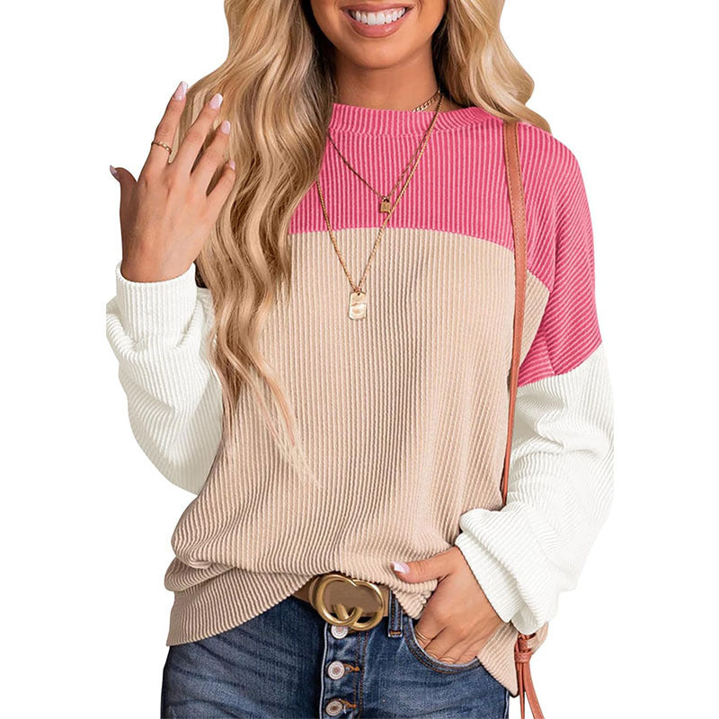 New independent station Europe and America cross border women's clothing color matching casual loose sweater pullover top T-shirt