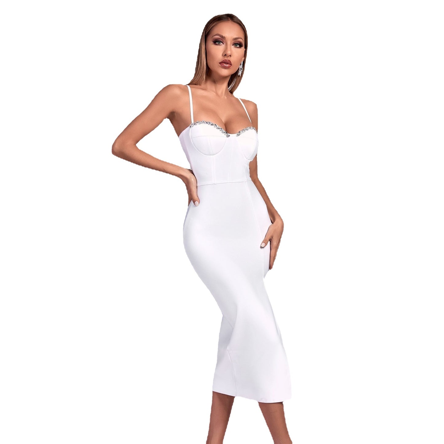 Strap Rhinestone Split Bandage Dress Sexy Evening Dress