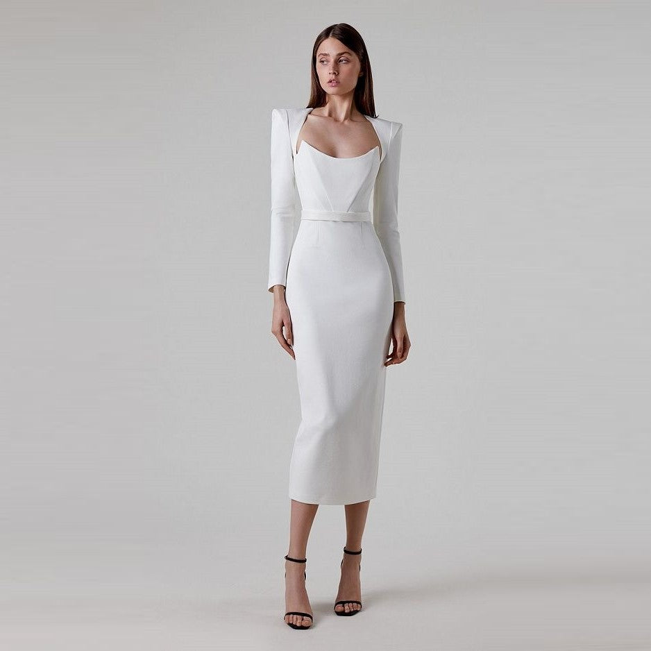 Spring temperament square neck horn shoulder long sleeve bandage dress