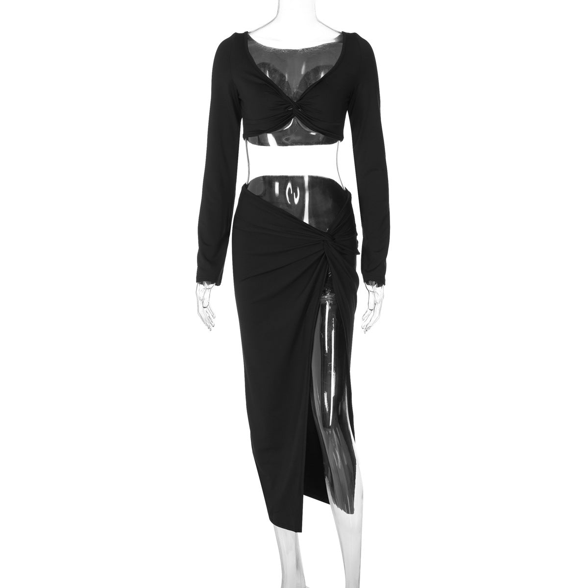 V-neck women's new sexy tight high-waisted split skirt two-piece set