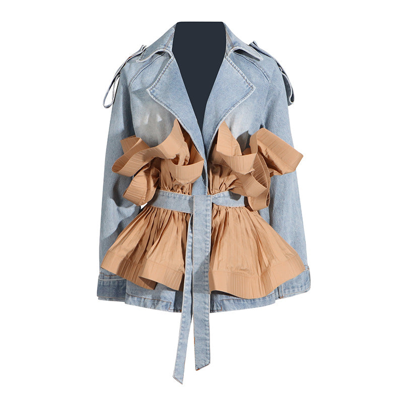 Autumn 2024 New Style Personalized Trendy Design Lapel Contrast Color Ruffled Fold Lace-up Women's Denim Jacket