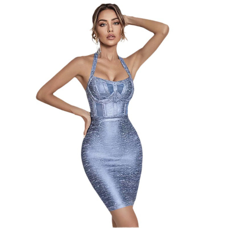 Halter Dresses Bronzing Mesh Stitch Bodycon Bottom Dress