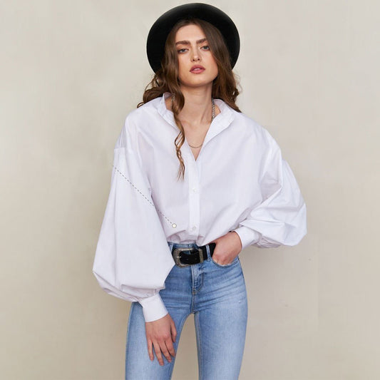 Lantern sleeve solid color shirt commuter loose round neck women's top button shirt