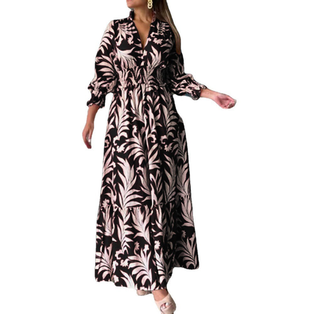 New long dress, waist pullover, bohemian print long-sleeved big swing dress.