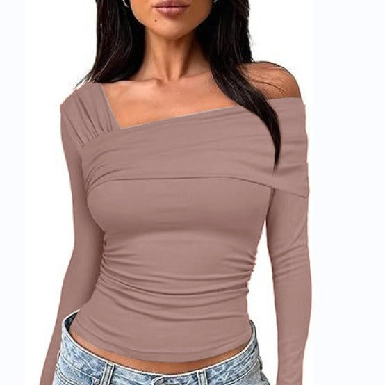 2024 spring and autumn Women's One shoulder long-sleeved top pleated out slim y2g T-shirt