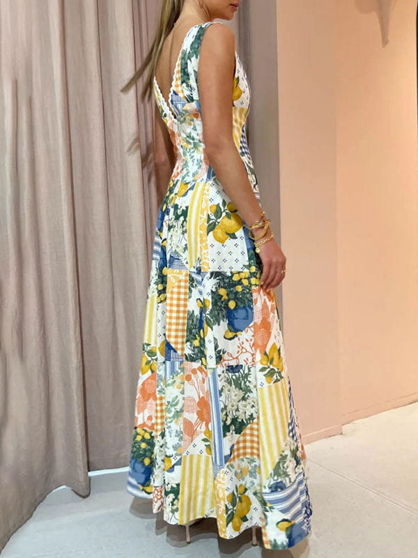 Lemon Print Lace Trim Long Dress