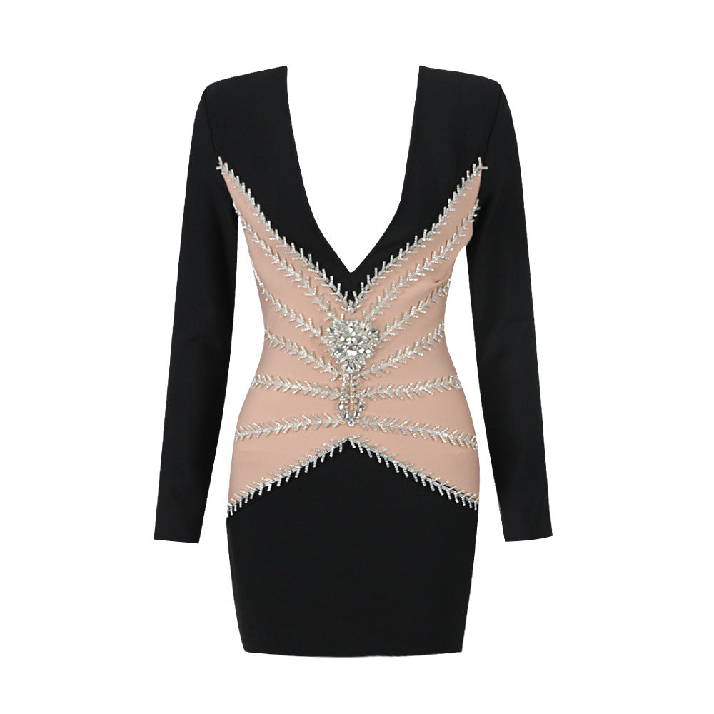 Evening Dress Rhinestone Deep V Long Sleeve Bodycon Business Suit