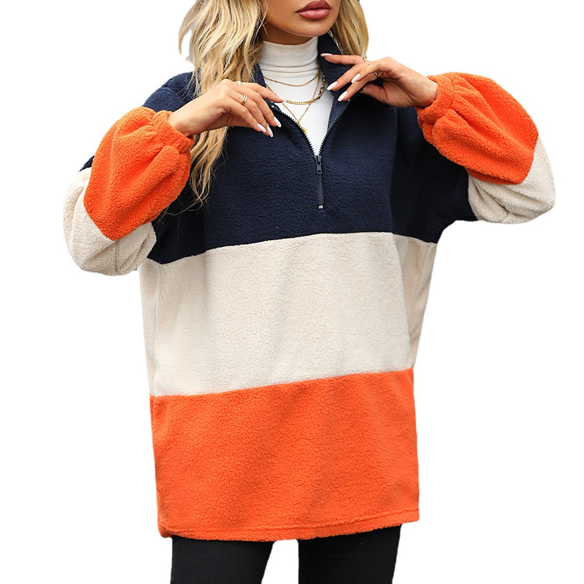 Autumn winter women's wear long sleeve loose lapels patchwork stripes pullover bubble velvet casual sweatshirt