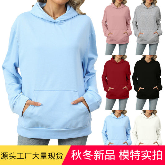 Autumn and Winter new casual hooded pocket sweatshirt solid color top for women