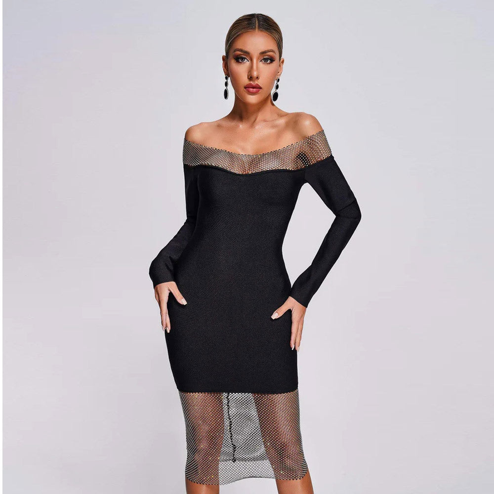 Sexy Off-The-Shoulder Long Sleeve Mesh Diamond Dress Slim Bandage Party