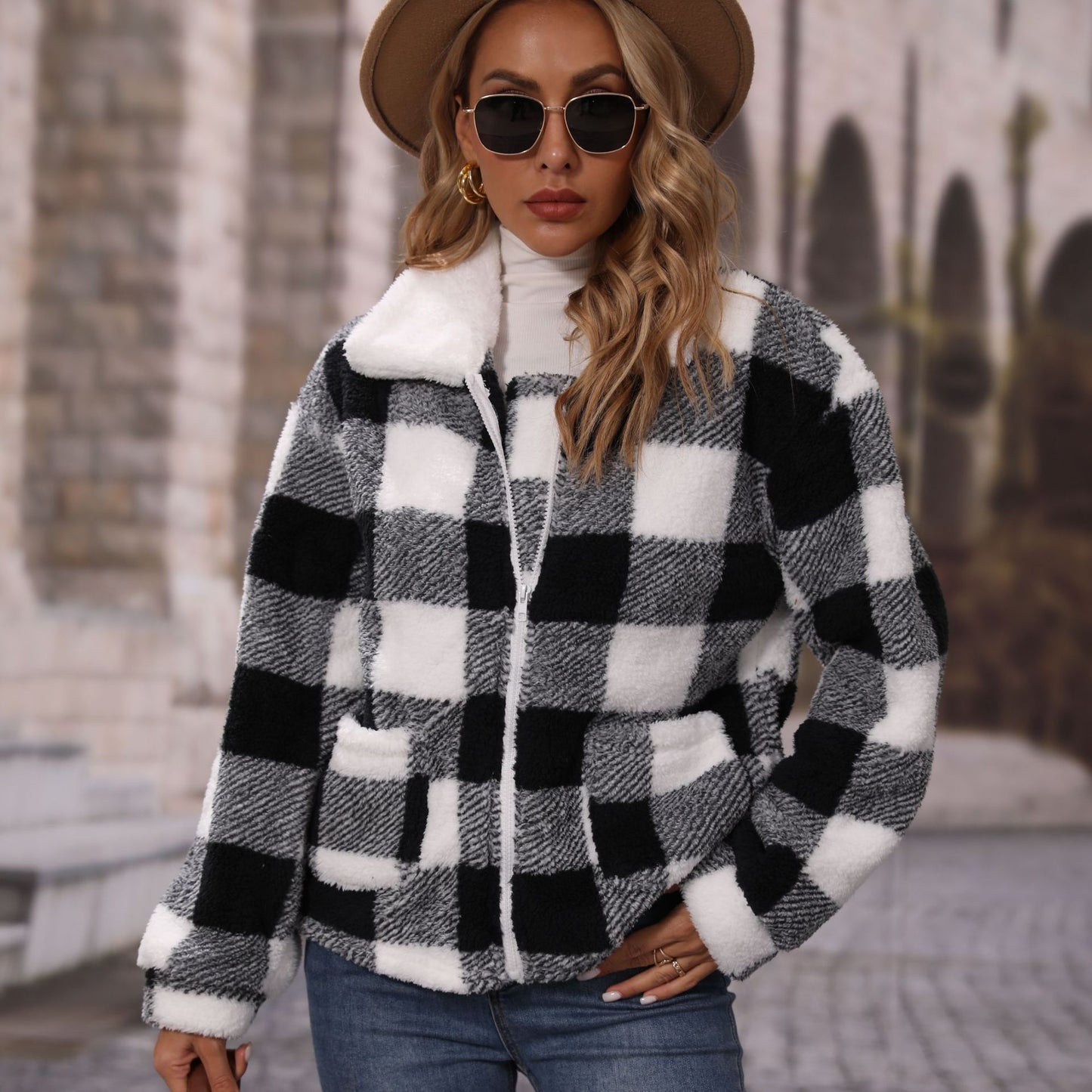 Women's autumn clothing lapel long sleeve loose zip plaid double-sided velvet casual jacket