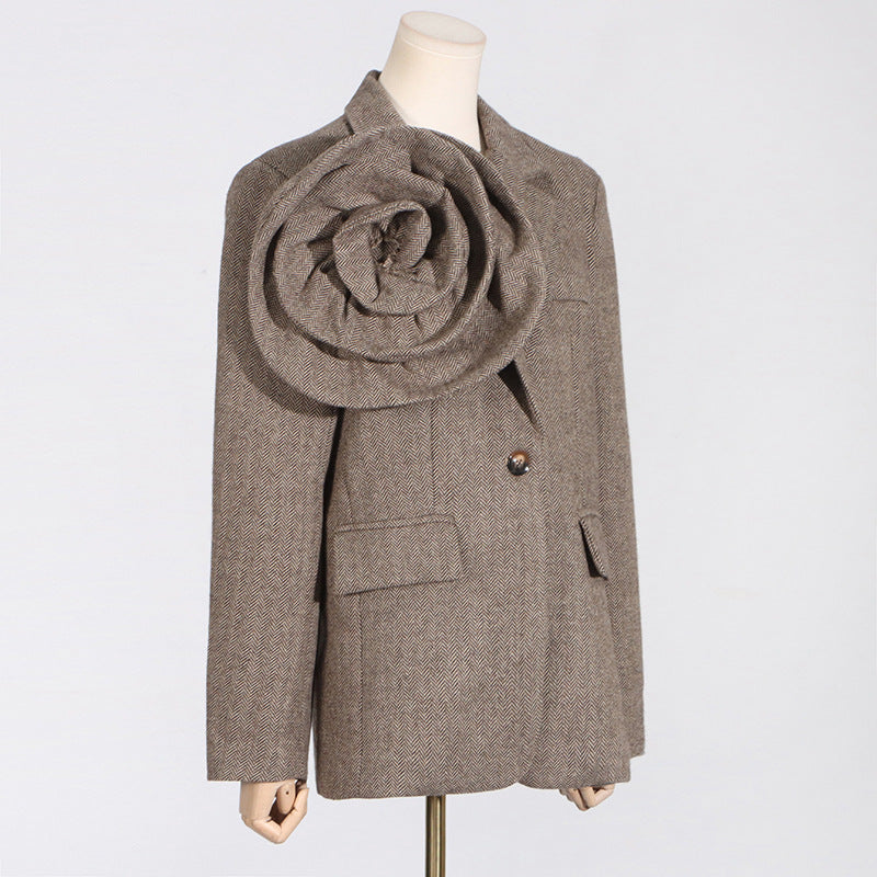 2024 Spring New Artistic Retro Three-Dimensional Flower Loose Design Sense One Button Solid Color Suit Jacket For Women