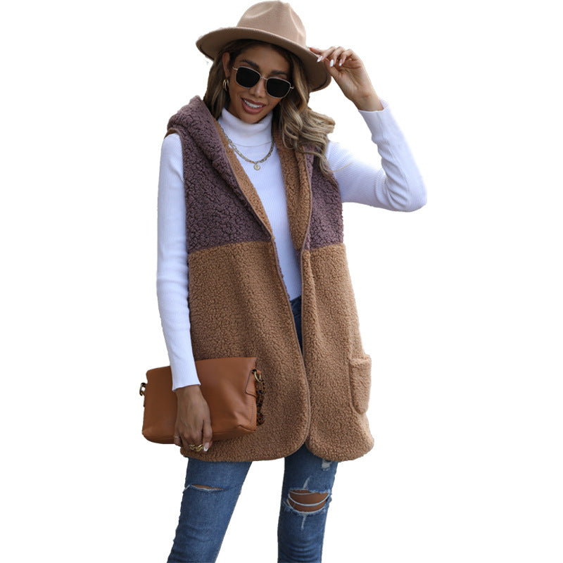 New fall women's clothing hooded sleeveless color matching pocket buckle-free mid-length cardigan bubble fleece jacket