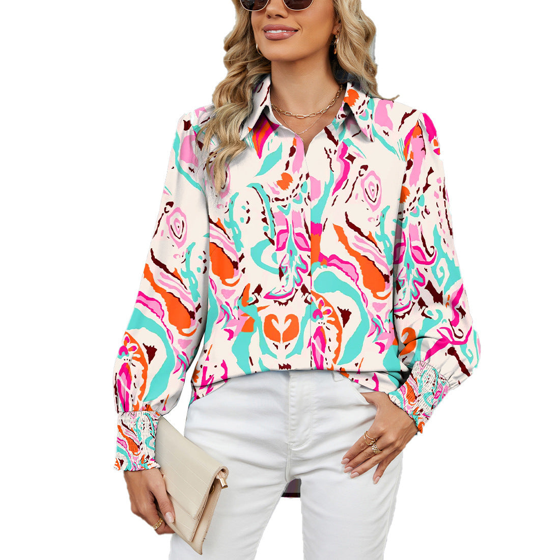 Women's autumn and winter new long-sleeved printed top lapel lantern sleeve shirt