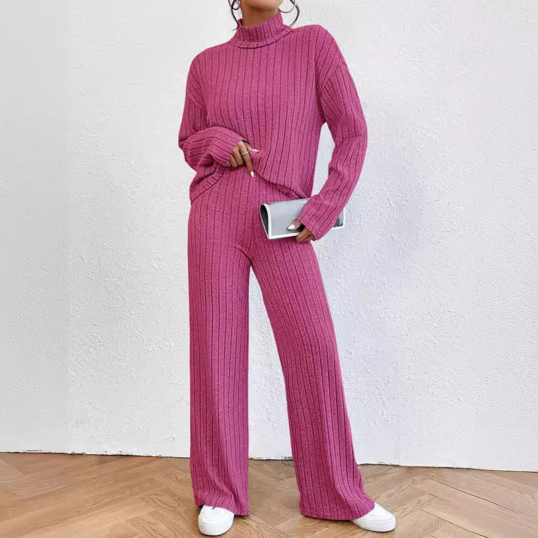 Autumn and Winter solid color turtleneck long sleeve sunken stripe loose wide leg pants home wear two-piece suit