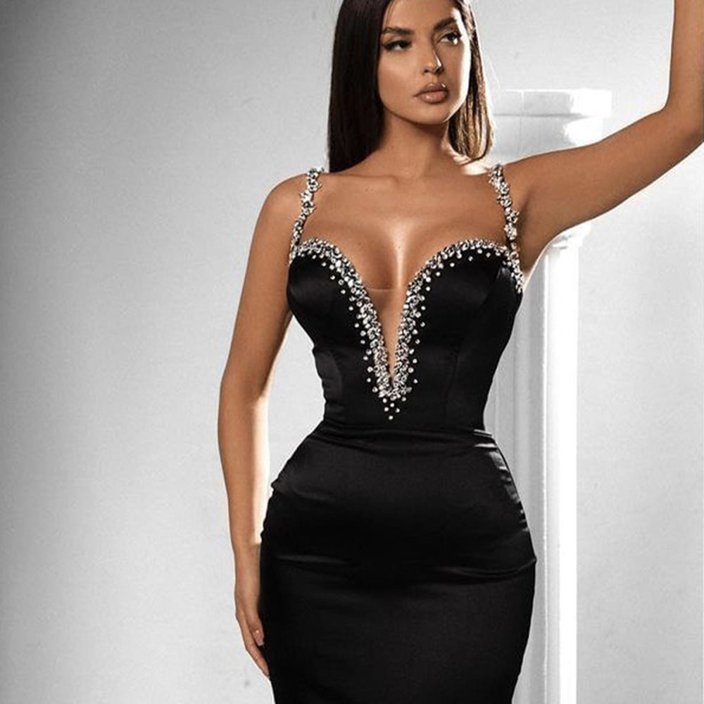 Sexy Deep V-Neck Rhinestone Skinny Sheath Short Party Dress