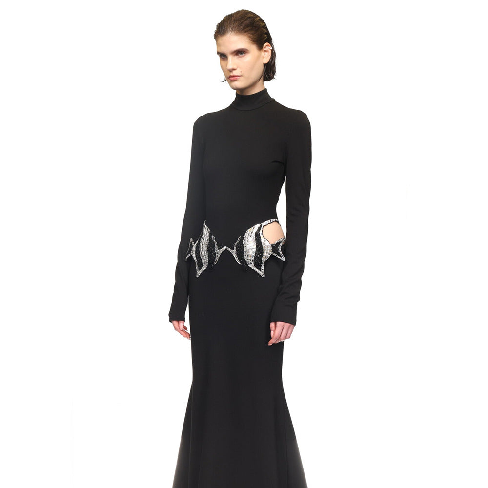 Women Sexy Long Sleeve Black Diamond Fish Hollow Bandage Dress