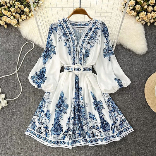 Autumn New Cross-Border Women's Fashion V-Neck Long Sleeve Bohemian Print Dress