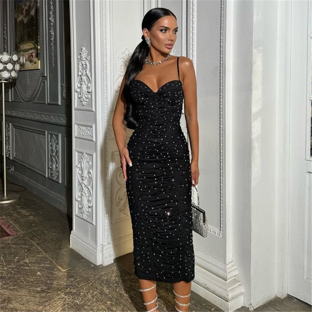 Straps Tulle Hot Drilling Elegant Pleated Bandage Dress