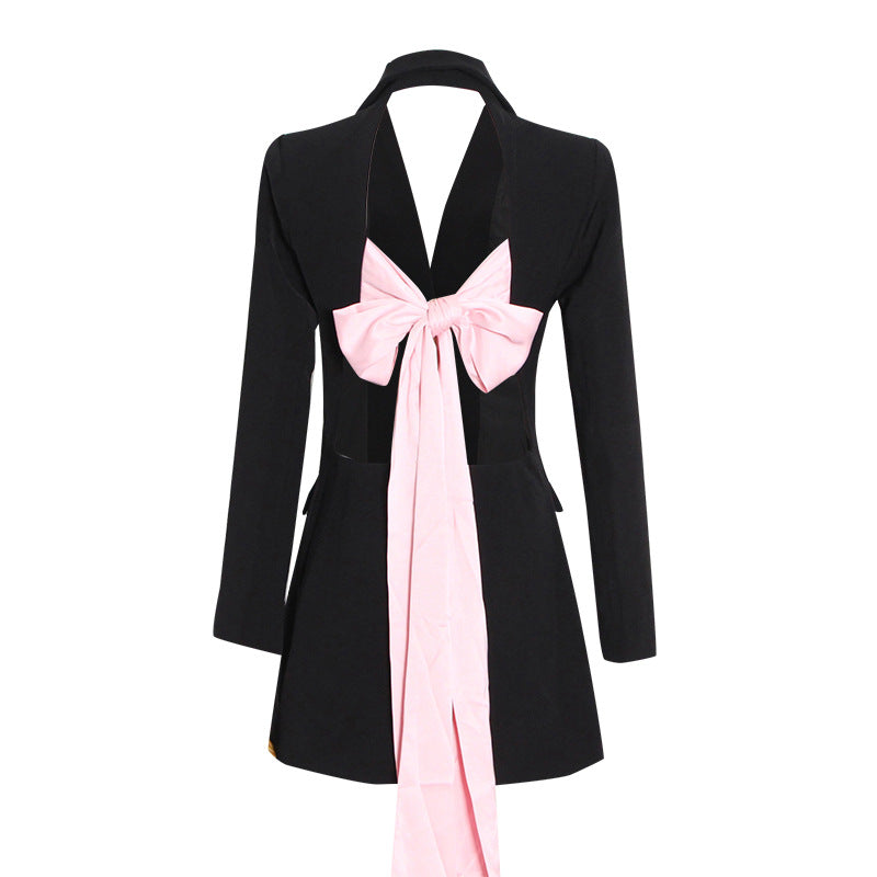 Black Suit 2024 Spring Two Buttons Sexy Stitching Bow Strap Personalized Women'S Fashion Coat