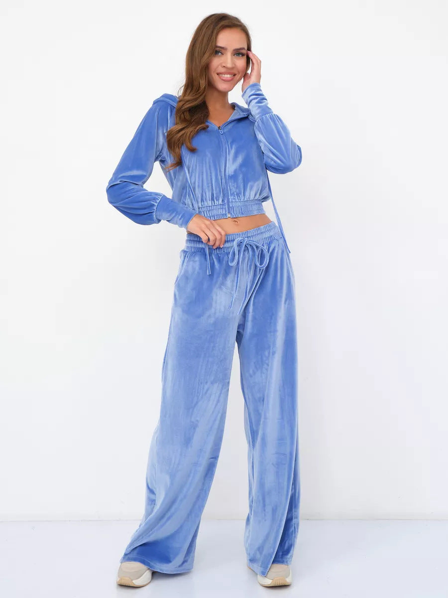 Fashion casual women's solid color zipper cardigan Silver Fox velvet sweater laced pants two-piece set