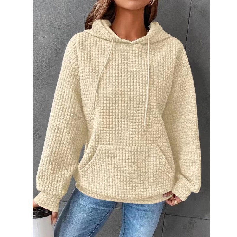 Autumn and winter women's hoodies waffle round neck long-sleeved sweater solid color top for women