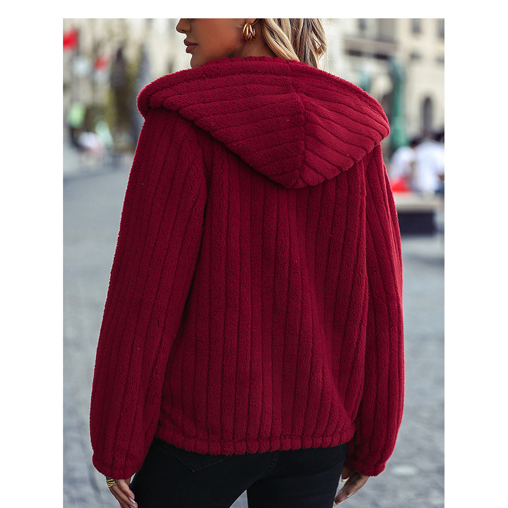 Autumn winter women's wear hooded long sleeve loose sunken stripe zipper double-sided velvet casual jacket