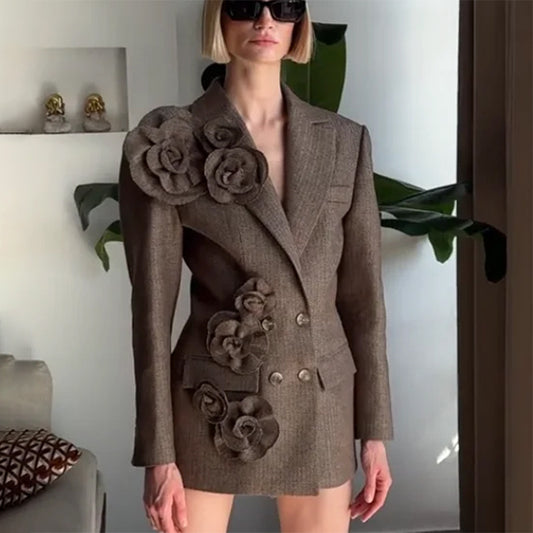 Autumn 2024 New Commuter Style Handmade Three-dimensional Flower Decoration Stitching Double-breasted Women's Suit Jacket