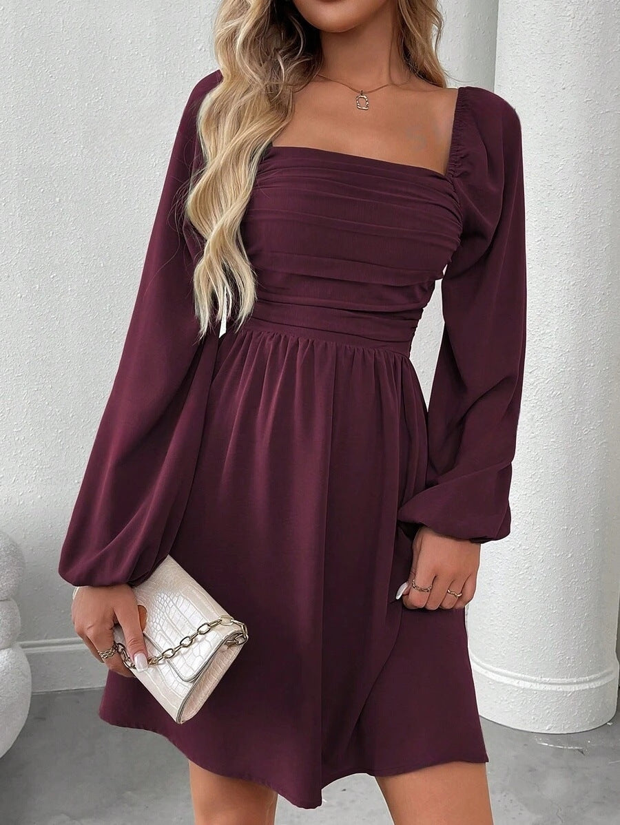 Women's Elegant Solid Color Lantern Long Sleeve Pleated High Waist Dress