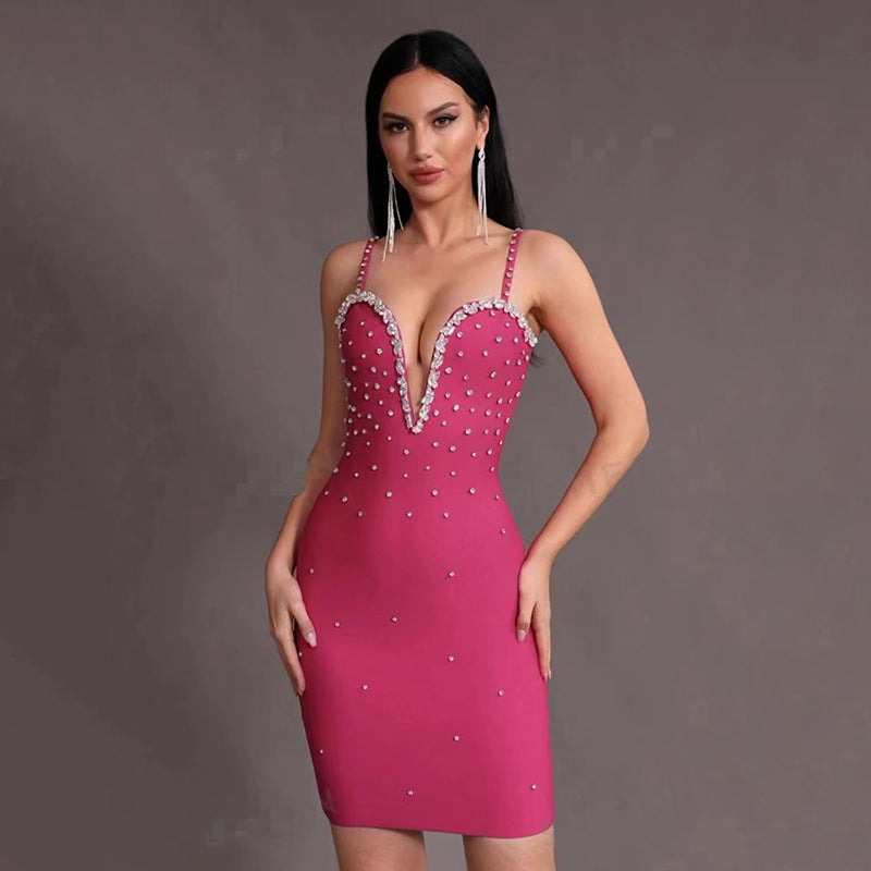 New bandage women's sexy V-neck brace a crystal Starry Sky waist-tight temperament bandage one-piece dress evening dress