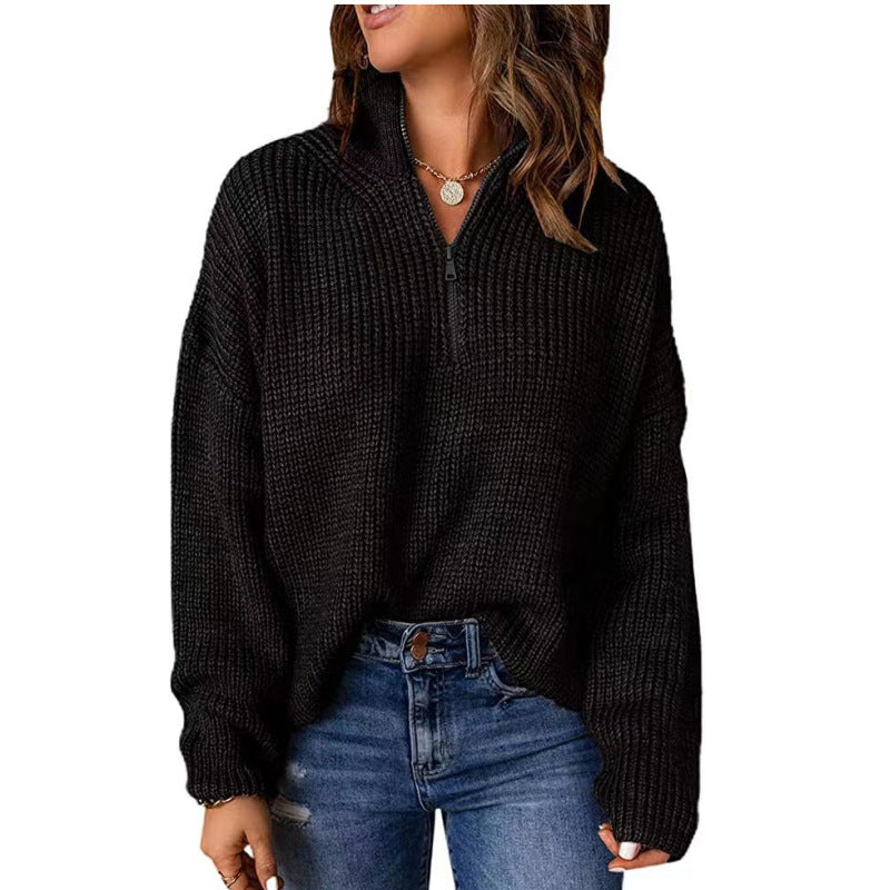Autumn and winter sweater half-open collar solid color zipper pullover fashion women's knitted blouse
