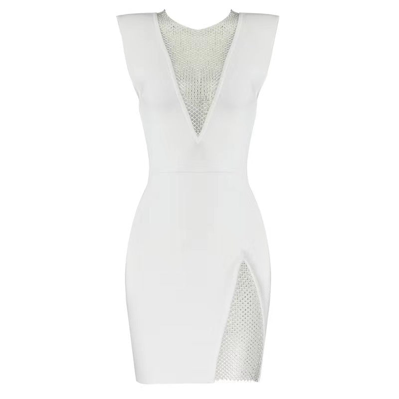 Net Drill V-Neck Sexy Sleeveless See-Through Slim Bandage Dress