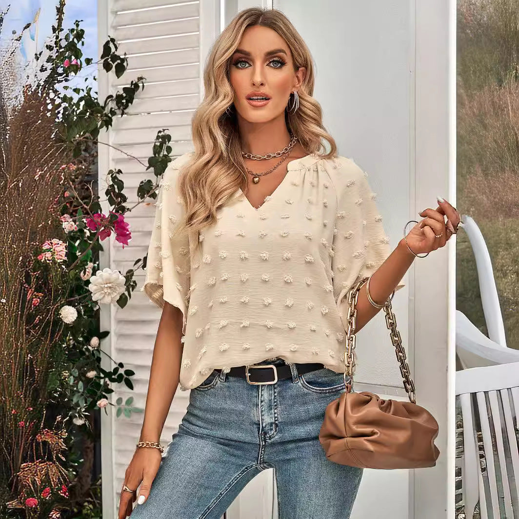 Women's casual style V-neck solid color hairball top women