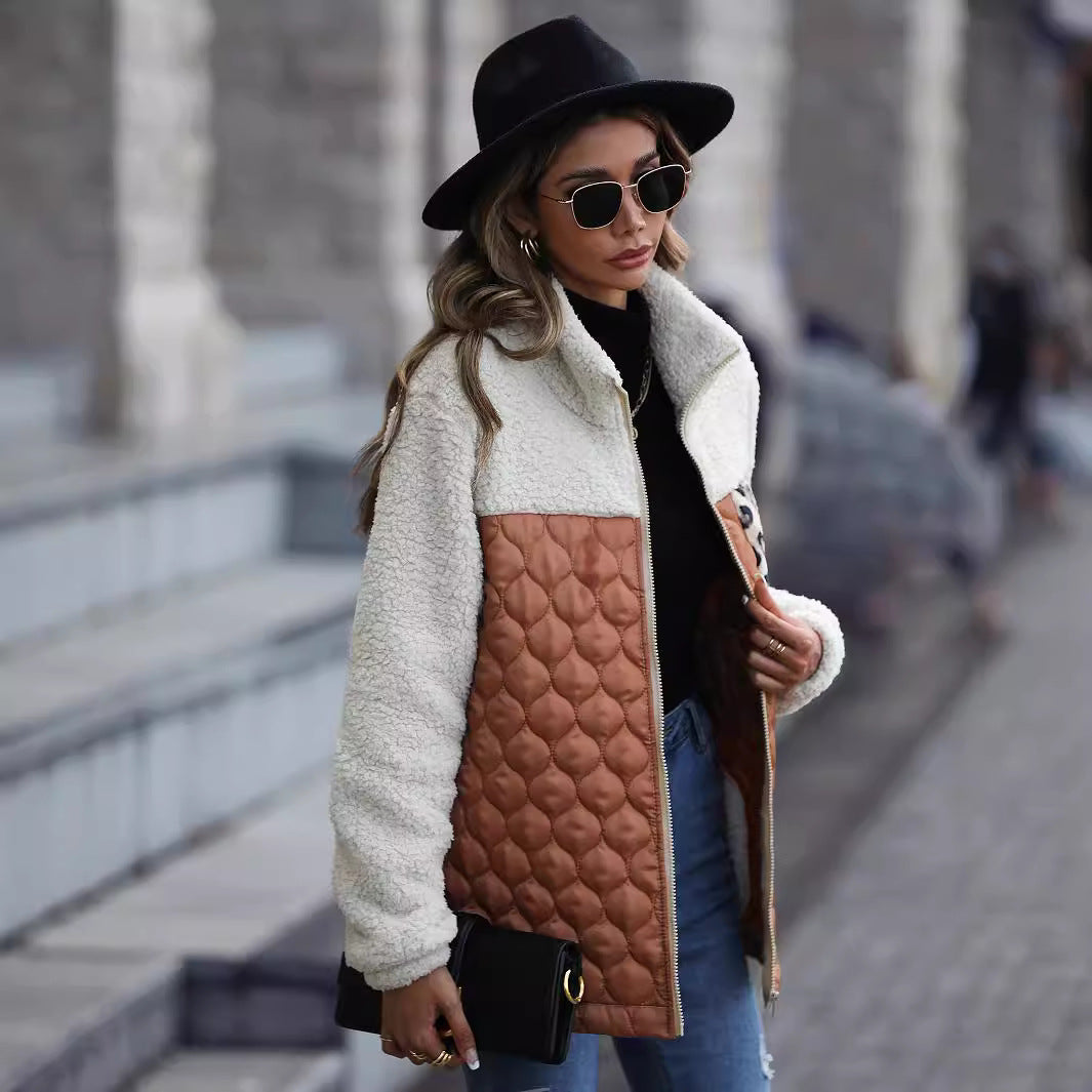 Casual plush women's long-sleeved loose round neck stitching zipper animal pattern double-sided fleece jacket（2025）