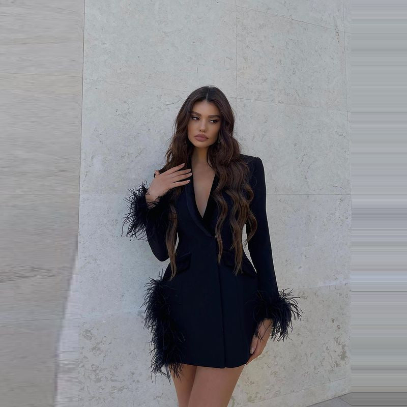 Long Sleeve Ostrich Feather Deep V Party Slim-Fit Suit Dress