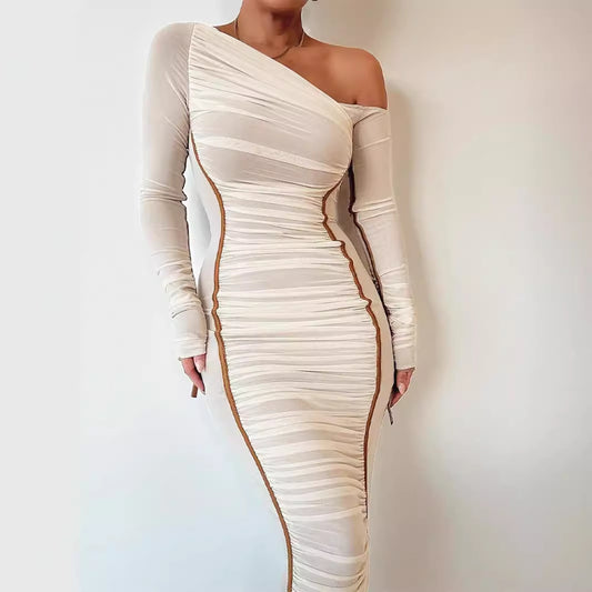 Spring new women's clothing long-sleeved mesh stitching slanted shoulder medium and long dress fashion pleated dress women
