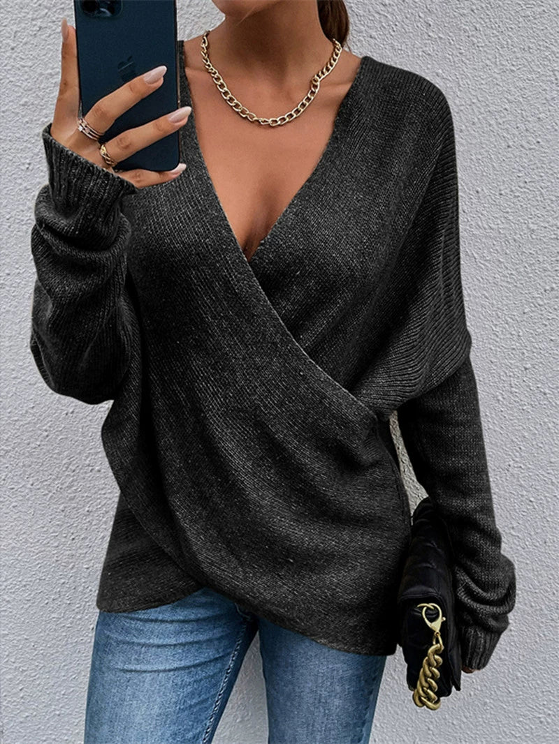 Autumn winter fashion v-neck cross knit women sweater tops