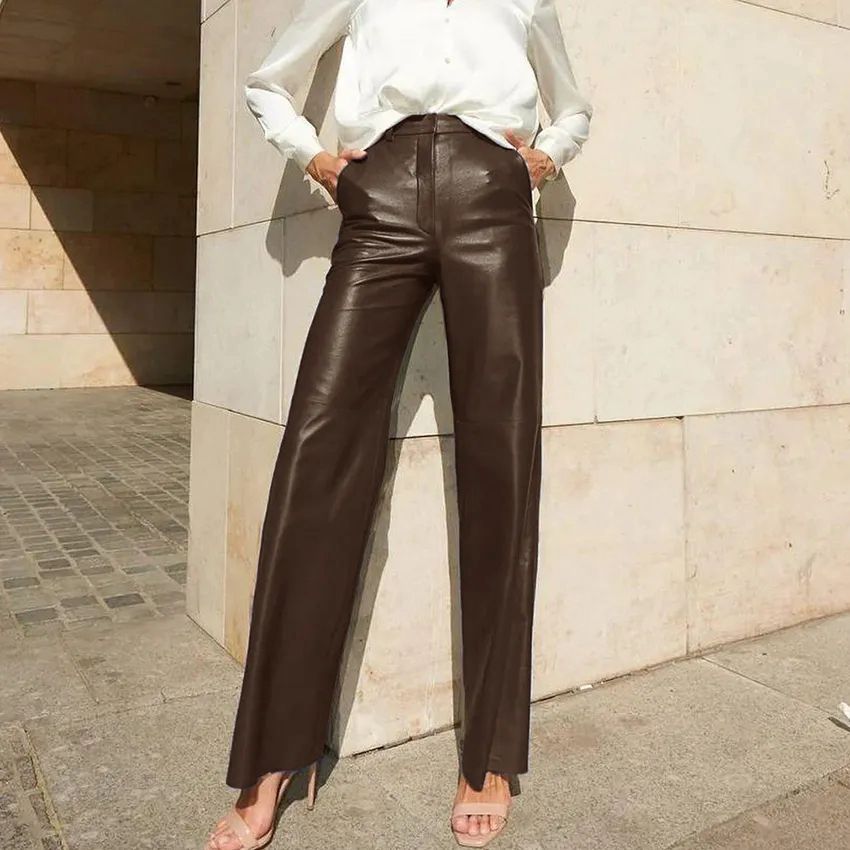 Autumn fashion PU leather mid-high waist hip lifting straight women's casual pants length leather pants