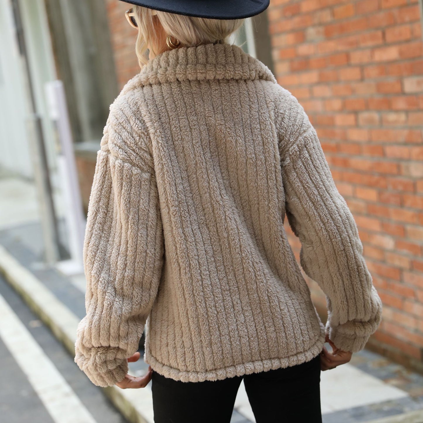 Women's double-sided velvet long-sleeved lapel breasted solid color mid-length plush coat