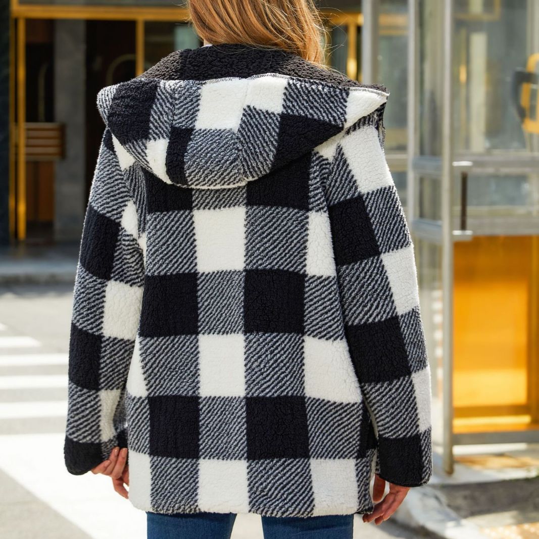 Autumn and winter women's clothing loose and warm Plaid buckle-free cardigan hooded double-sided plush coat