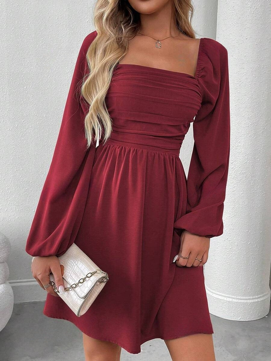 Women's Elegant Solid Color Lantern Long Sleeve Pleated High Waist Dress