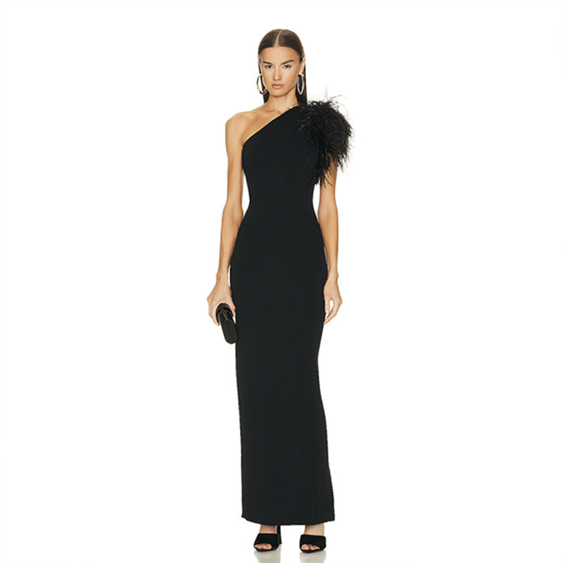 Summer Women's Ostrich Feather One-Shoulder Bandage Dress Party