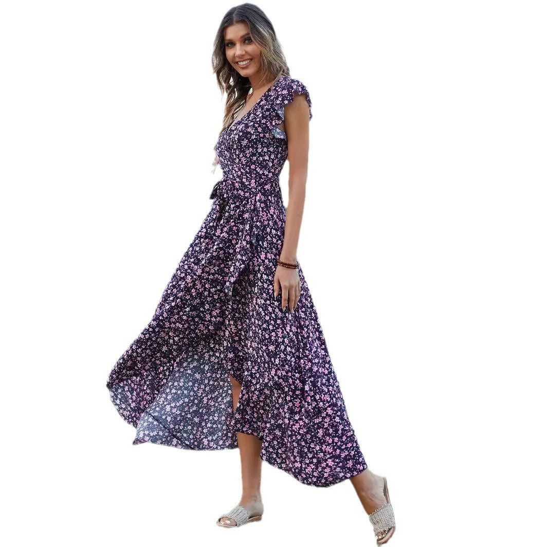 New V-neck bohemian vacation slim-fitting lace-up dress