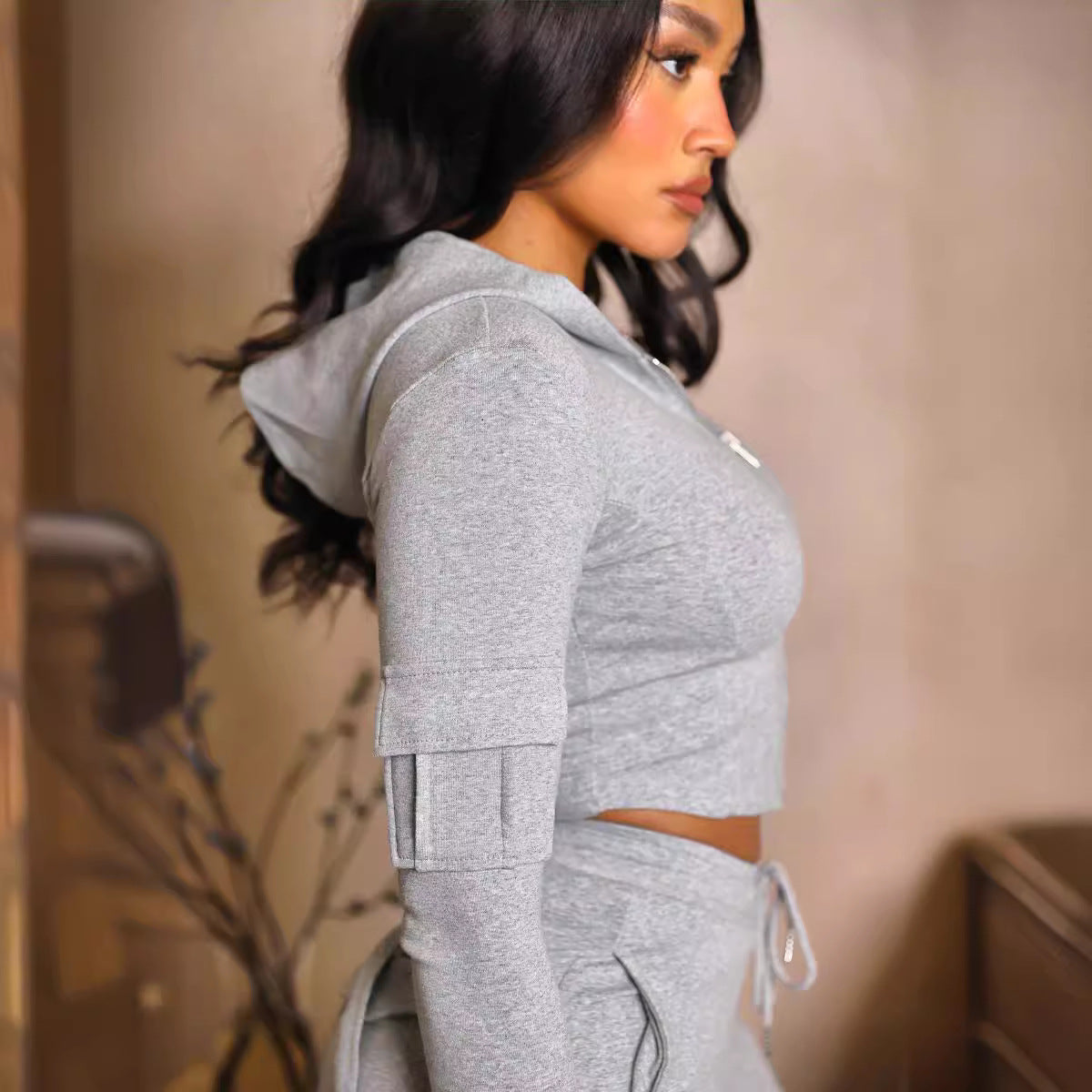 Casual Skinny Sportswear Multi-Pocket Tooling Clothes and Hats Set