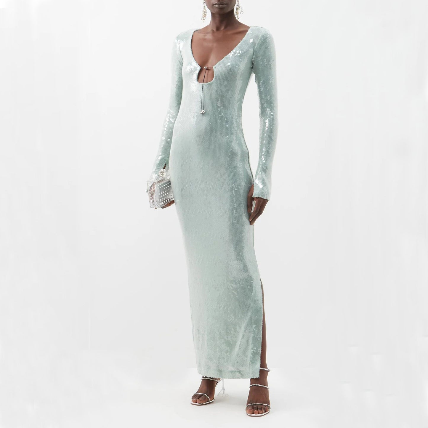 Women Sexy Sequined V-Neck Flared Sleeves Dress Slit Slim Dresses