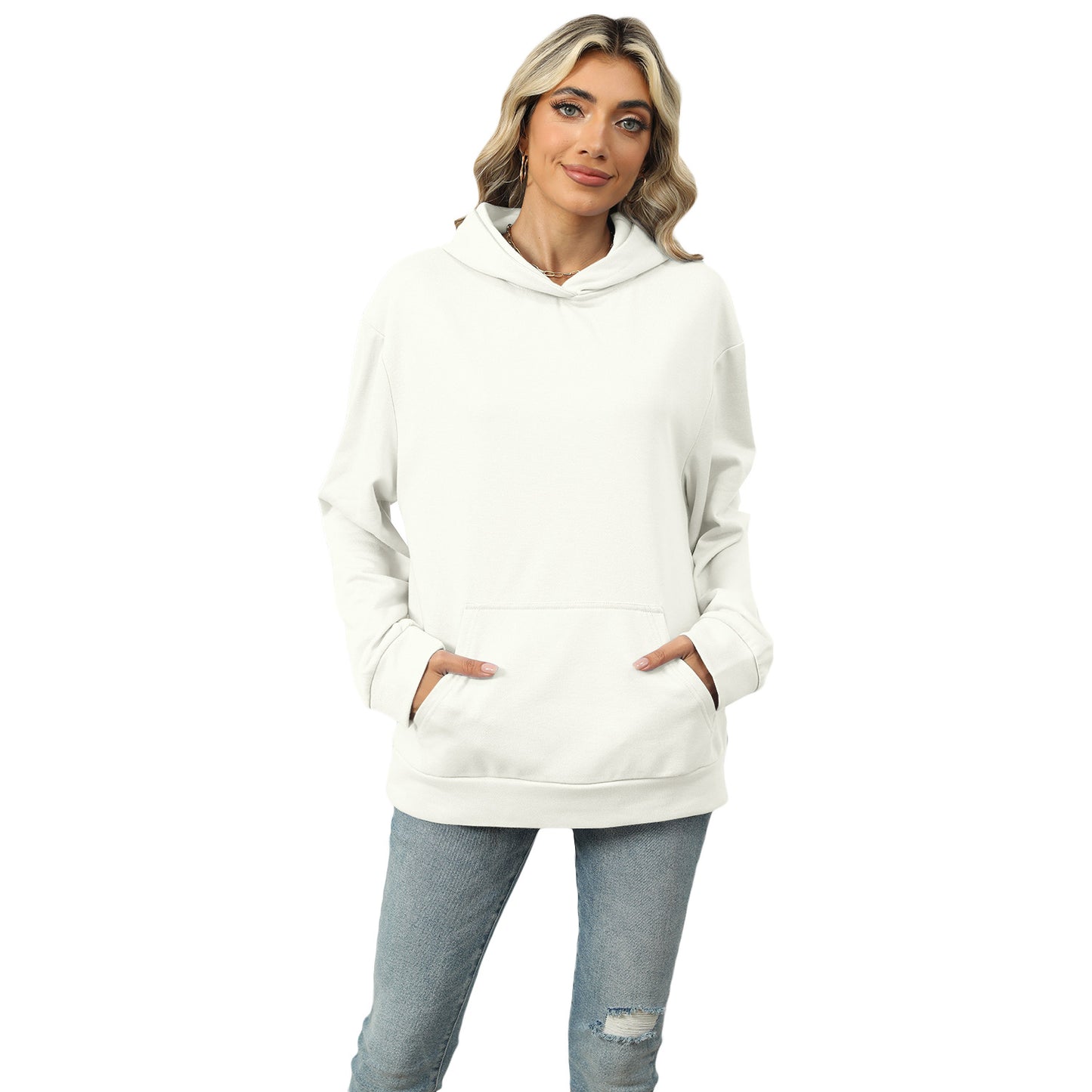 Autumn and Winter leisure hooded pocket sweatshirt solid color pullover women