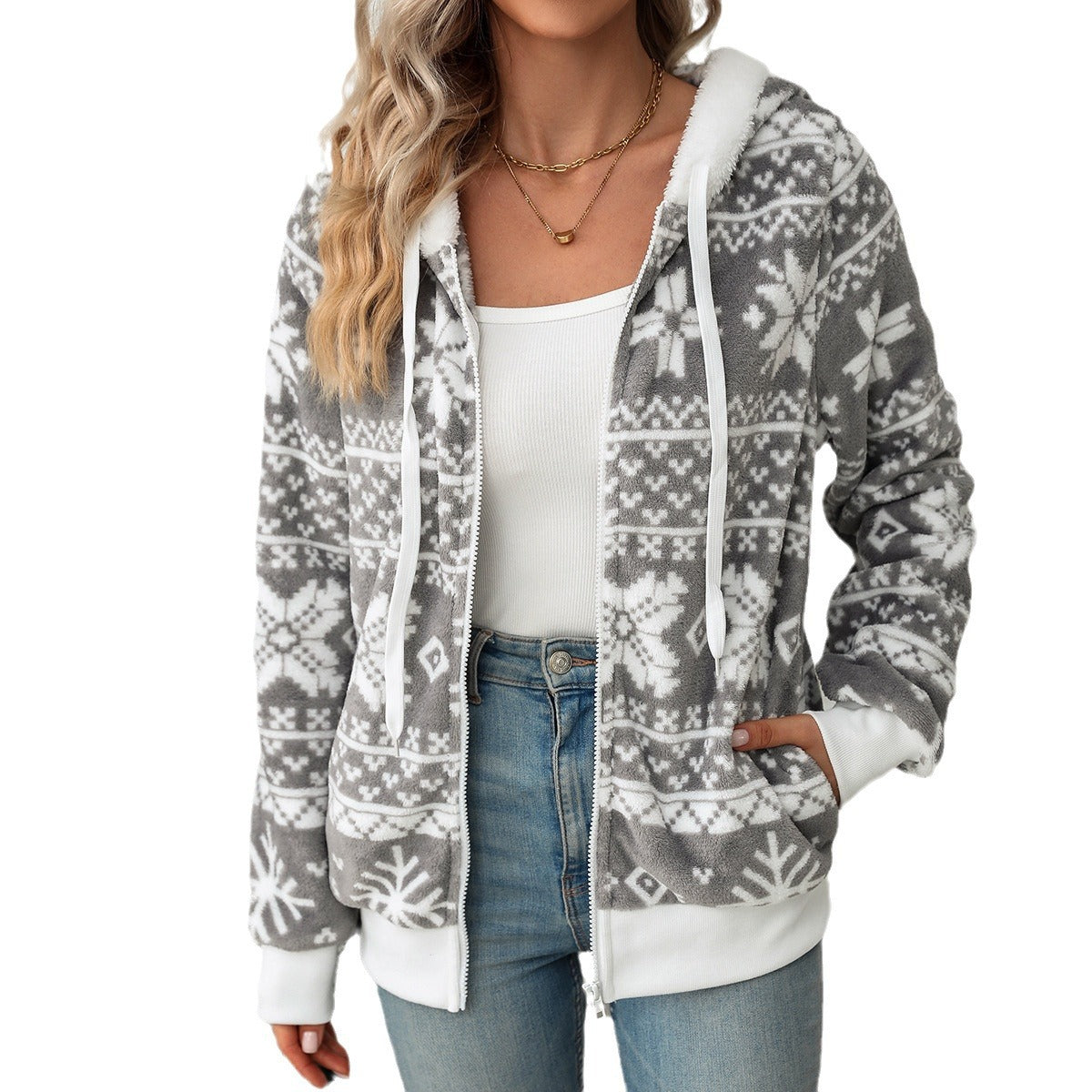 Women's autumn and winter New hooded cardigan Christmas style printed plush coat