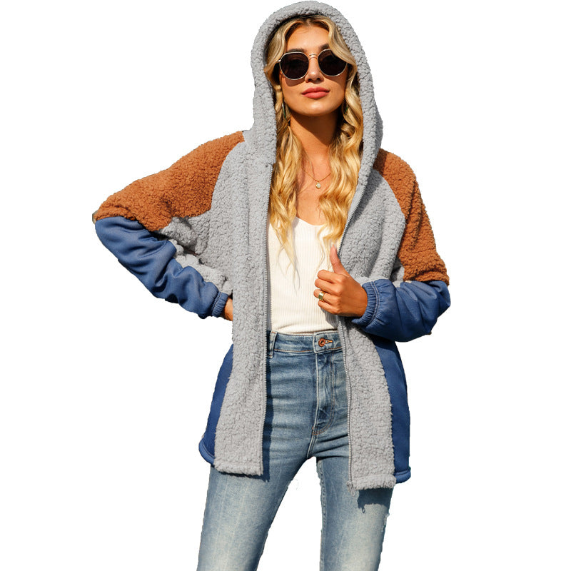 Autumn plush women's long sleeve loose pockets zipper mid-length bubble velvet patchwork denim jacket